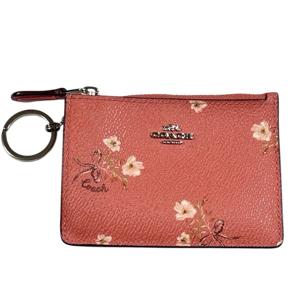 Coach Pink/Mauve Floral Mini Skinny ID Card Keychain Case Leather Wallet